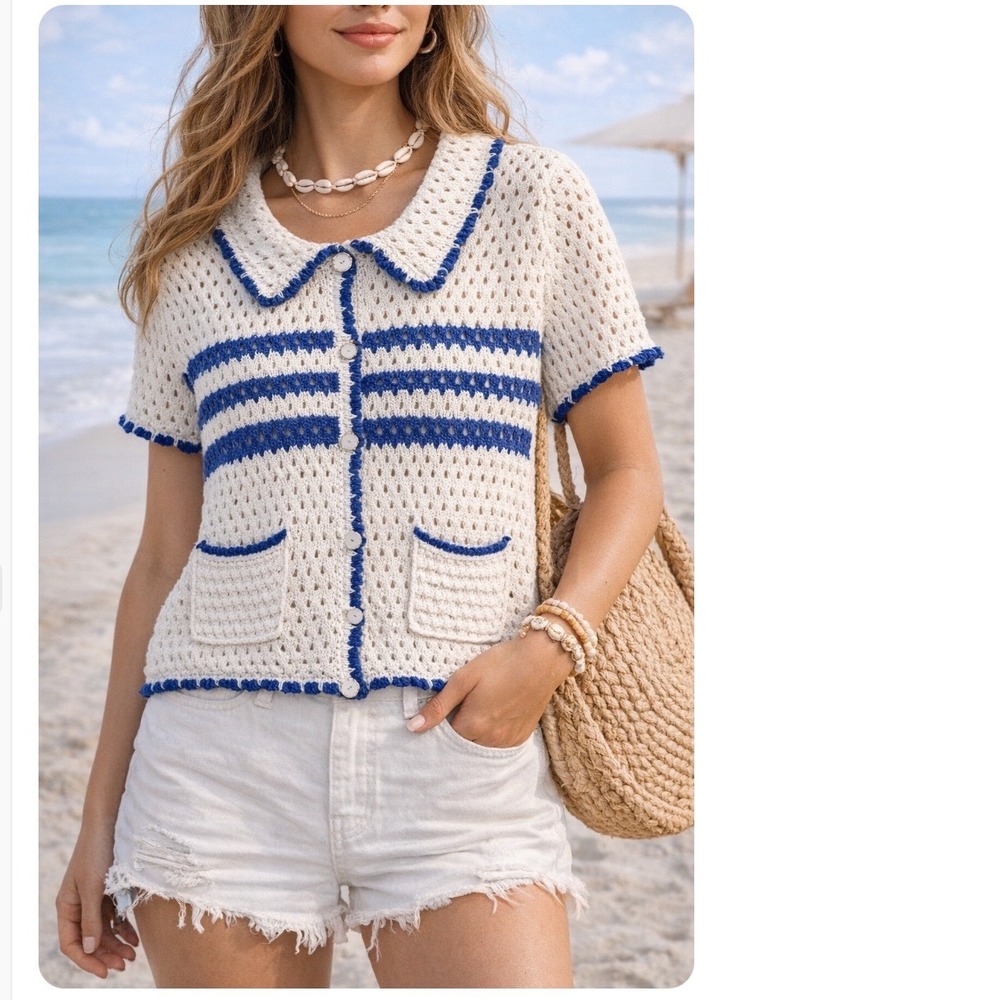 Peach Crochet Knit Cardigan Blue Stripe Peter Pan Collar Button Front‎ Size L